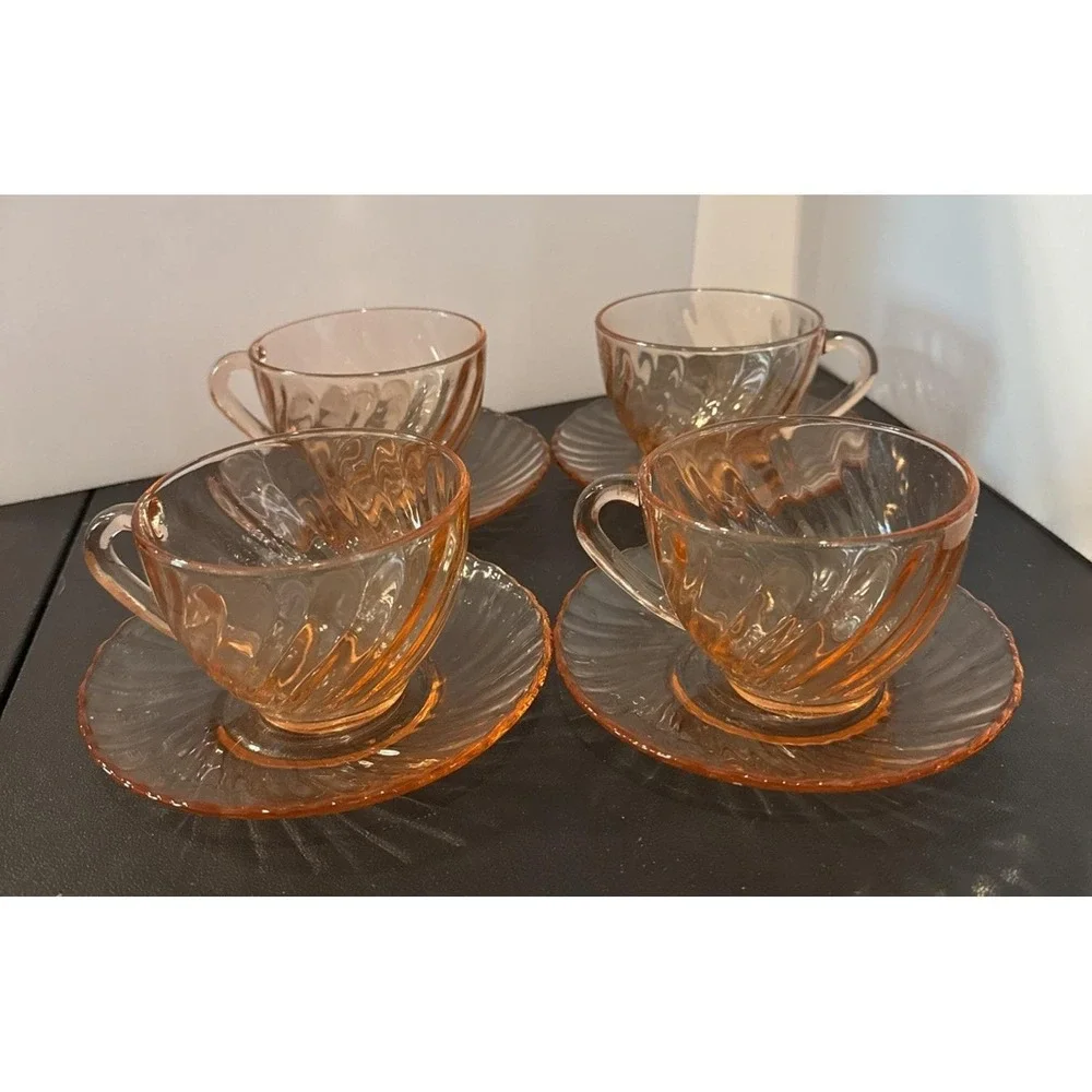 Arcoroc France Rosaline Pink Glass Swirl Coffee Teacup Tea Cup Saucers Set Of 4